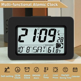 Atomic Alarm Clock - 6 inch Battery Operated Digital Clock with Seconds, Self-Setting, Auto Synchronization, DST, Selectable Time Zones,Portable Travel Desk Clock with 5s Touch Backlight for Bedroom