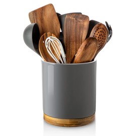 Nucookery 360° Rotating Utensil Holder, 7.2" Large Utensil Crock, White Ceramic Cooking Utensil Organizer with Countertop-Protection Cork Bottom for Farmhouse Kitchen Decor Gift (Gray)