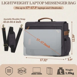 RAINSMORE Messenger Bag Men 17 Inch Laptop Bag Vintage Canvas Laptop Briefcase Water Resistant Satchel Bag Retro Computer Shoulder Bag for Office Work Business Travel College, Grey