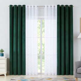 4 Pieces Mix and Match Spring Green and White Curtains Set 84 Inch for Living Room, Moroccan Silver Printed White Voile Sheer & Solid Velvet Room Darkening Blackout Drapes for Bedroom, Grommet Top