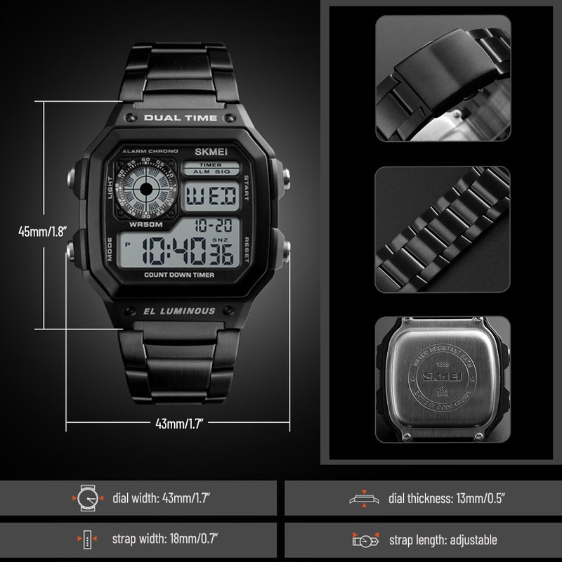 Men Digital Watch Stopwatch Countdown Alarm Luminous Watch
