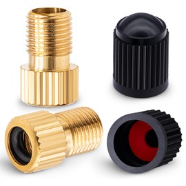 MEAJOO 2PCS Brass Presta Valve Adapter, Convert Presta to Schrader Adaptor, Inflate Tire Using Standard Pump or Air Compressor for Bikes, 2 Pack Black Tire Valve Caps(Vertical Grain Style)