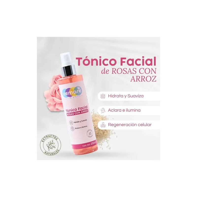 Tónico Facial De Rosas Con Arroz Vemare Equilibra 250 Ml