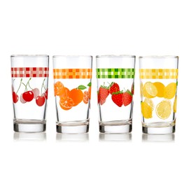Libbey Vintage Juice Drinking Glasses Set of 4, Colorful, Retro Fruit Design Glass Cups Set, Dishwasher Safe Water Glasses Set for Everyday Beverages