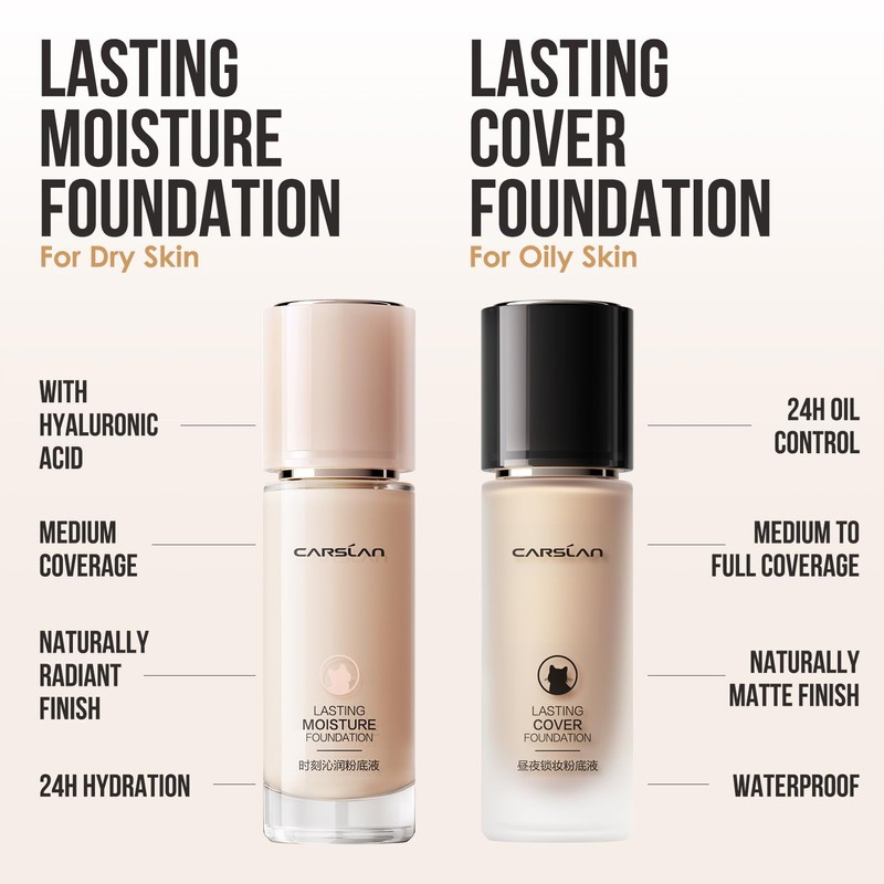 CARSLAN Lasting Moisture Foundation, 24H Longlasting Medium Coverage Dewy Finish