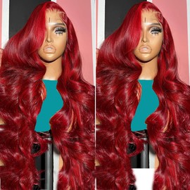 EVLYNN 13x4 HD Lace Front Wig 28 Inch Red Body Wave Glueless Lace Frontal Wig Cap Headband Burgundy Red Wig Pre-plucked Hairline Synthetic Heat Resistent Fiber Hair Wigs for Black Women