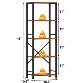 Furologee 5 Tier Tall Bookshelf, Rustic Narrow Bookcase, Display Standing Shelf Units, Metal and Wood Storage Shelves Organizer for Bedroom, Living Room, Home Office, Entryway, Kitchen, Rustic Brown