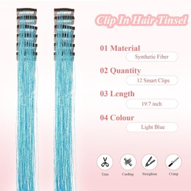 ZYHSLZ 6 Pcs Extensiones de Cabello Brillantes, Clip en Oropel para Pelo con Brillo, Pelucas Brillantes para Niñas, Accesorios para Pelo, 23.6 Pulgadas, para Mujeres, Niñas, Fiestas, Festivales (Azul claro)