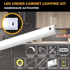LED Hand Wave Motion Sensor Under Cabinet Lighting Plug In Kit - Dimmable Under Counter Lights for Kitchen - White Finish - 24 Inch (1Pack) - 12v LED Light Bar - Soft Neutral 3500K - Touchless Dimming