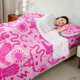 Western Cowgirl Bed Sheet Full Size,Bull Skull Snake Cowboy Bedding Set Rose Pink Sun Cactus Silhouette Top Flat Sheet for Kids Girls Boys Room Decor Vintage Boho Fitted Sheet,2 Pillowcases