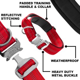 Black Rhino - Tactical Dog Collar Ultra-Soft Neoprene Padded Dog Collars for Medium, Large, XL Dogs | Heavy Duty Metal Buckle | Padded Handle for Dog Training (Large, Red)