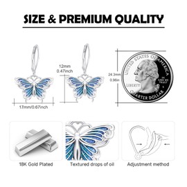 Butterfly Dangle Earrings, 925 Sterling Silver Small Enamel Dripping Oil Butterfly Leverback Earring for Sensitive Ears, Butterfly Jewelry Mother Day for Women Girlfriend Butterfly Lovers with Box