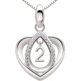 ALOV Jewelry Sterling Silver Lucky Number 2 Second Anniversary Numeral Two Love Heart Cubic Zirconia Pendant Necklace