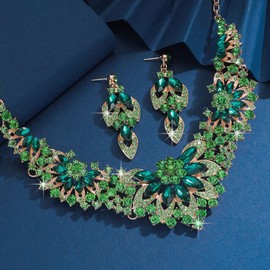 Rumtock Green Rhinestones Necklace with Earrings Jewelry Set for Wedding Brides Teardrop Crystal Jewelry Set for Women Banquet Costume Jewelry (Green)