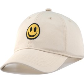 AOSMI Smile Face Baseball Cap – 100% Cotton Adjustable Dad Hat, Unstructured Soft Crown, Cute Embroidered Hat for Men and Women Beige