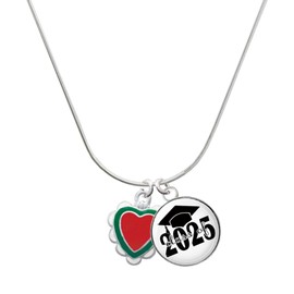 Delight Jewelry Red, Green Heart with White Ruffles Script Class of 2025 Dome Charm Necklace, 18"