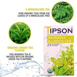 Tipson Organic Moringa Tea - Organic Green Tea - 25 Premium Double Chambered Bags - Superfood Tea - Keto/Paleo Diet Compatible