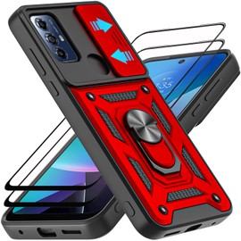 AKINIK for Moto G Play 2023 Case, with Tempered Glass Screen Protector [2 Pcs] & Slide Camera Cover, 360°Rotation Ring Kickstand [Military Grade] Case. (Red)