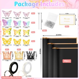 Needbrock 40 Sheets Black Flower Bouquet Wrapping Paper, Flower Wrapping Paper Florist Supplies with 48Pcs 3D Butterfly Decor Crowns Ribbons Pins Cards for Wedding Birthday DIY Craft Valentines