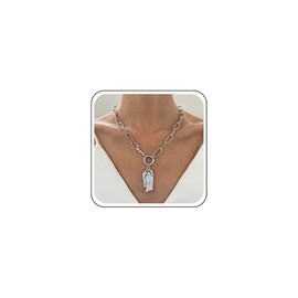 Inateannal Vintage Large Hand Pendant Necklace Silver Paperclip Choker Necklace Paper clip Link Chain