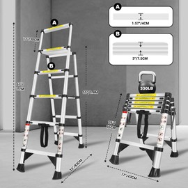 4+5 Steps A-Frame Ladder Made of Druable Aluminum, Telescoping Ladder with Safety Latches, 330lb Max Capacity, Non-Slip Feet, Lightweight Collapsible Ladder for Home/Office/Outdoor/DIY Work (1.4+1.7m)