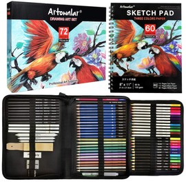 Artownlar 72 Pack Drawing Sketching Set with 8x11" Sketchbook | Pro Art Supplies Kit for Artist Adults Teens Beginner | Graphite Charcoal, Watercolor & Metallic Colored Pencils in Gift Case.