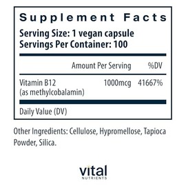 Vital Nutrients Vitamin B12 1000mcg - Vegan - Methylcobalamin for Metabolism, Cognitive & Nervous System Health* - High-Potency B12 Supplement - Glute