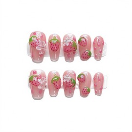 10 Pcs Pink Coffin Press on Nails Handmade Fake Nails Luxury Hand-Painted Nails Medium False Nails with 3D Strawberry, Flower Design Reusable Acrylic Nails Press ons Cute Summer Nails for Women (S)
