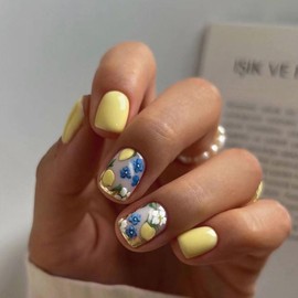 Short Press on Nails Square Fake Nails Yellow Nails Press ons Glossy Glue on Nails Cute False Nails with Flower Fruit Designs Summer Acrylic Nails Spring Stick on Nails for Women 24Pcs