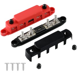 Greluma Pair of M8 (5/16") 4-Bolt Power Distribution Block 4 Way 12-48V Busbar with 300A Fuse