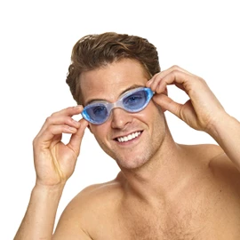 Zoggs Phantom 2.0 Adult Swimming Goggles, UV Protection Swim Goggles, Quick Adjust Adult Goggles Straps, Split Yoke Comfort Swimming Goggle Strap, Fog Free Clear Swim Goggle Lenses, White/Blue