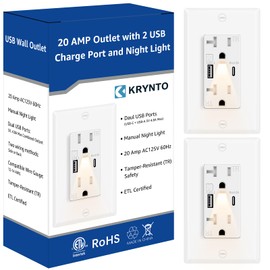 USB Outlet with Night Light, 20A Manual Control Nightlights Duplex Receptacle with Type A+C Ports, Tamper-Resistant, for Bedroom Kitchen Bathroom, 2-Pack White, ETL/FCC Listed