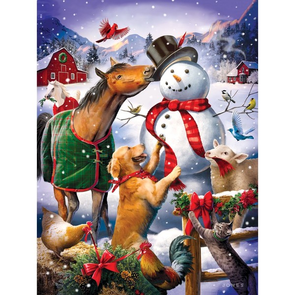 Bits and Pieces - 500 Piece Jigsaw Puzzle for Adults - Christmas Barn Snowman - 500 pc Animal Winter Scene Jigsaw by Artist Larry Jones