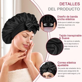2 Pzs Gorro de Dormir de Satén,Gorro de Dormir de Seda Suave,Adecuado para Cabello Rizado,Liso,Largo y Corto,Transpirable,Diadema Ancha Ajustable,Negro+Rosa