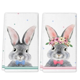 Qilerongrong Easter Mr & Mrs Rabbits Kitchen Dish Towels, 18 x 26 Inch Cute Bunny Bathroom Hand Towel, Seasonal Drying Cloth Tea Towels, Colorful Dots Dish Towels for Cooking Baking Set of 2