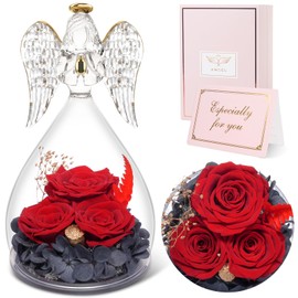 Sunia Preserved Flowers Rose Gifts for Mom, Birthday Gifts for Grandma Women, Glass Angel Figurines with Three Forever Real Roses, Fresh Flowers Gifts for Christmas Mother's Day ﻿Valentine