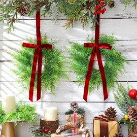 XunYee 12 Pack 11" Small Greenery Christmas Wreath with Velvet Bow Artificial Fern Green Wreaths Persian Grass Hanging for Christmas Front Door Home Window Fireplace Chair Indoor Outdoor Fence Decor