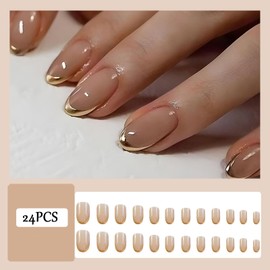 24Pcs Almond French Tip False Nails - Gold Edge Short Press on Nails - French Tip Natural Simple Style - 12 Sizes Natural Glossy Full Cover Acrylic Nail for Women Girls Daily Wear