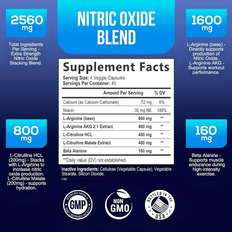 Precursor Oxido Ntrico 2560 Mg Con 180 Caps. Apoyo Muscular