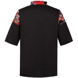 Unisex 3/4 Sleeve Black Sushi Chef Coat Kimono Cardigan Japanese Chef Uniform Red Patchwork Printed Chef Jacket XL