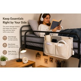 Bedside Storage Caddy for Bunk Beds & Baby Cribs – Hanging Bedside Organizer with Hooks for Books, Tablets, Phones & Dorm Essentials