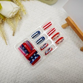 24Pcs 4th of July Press on Nails 3D Rhinestones & Gold Glitter Design Fake Nails American Flag False Nails Medium Square Acrylic Nails Glossy Stick on Nails for Women Independence Day Nail Art