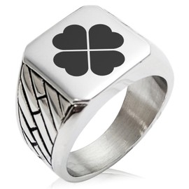 Two-Tone Stainless Steel Four Leaf Clover Heart Engraved Geometric Pattern Biker Style Polished Ring, Size 12