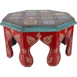 GURU SHOP Painted Small Table with Tile Mosaic - Red Diameter 30 cm, Multicoloured, Coffee Tables & Floor Tables