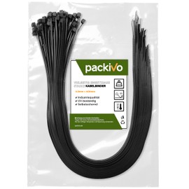 PACKIVO Cable Ties, Black, 400 mm x 4.8 mm, Pack of 100 UV-Resistant Cable Ties, 22 kg Tensile Strength, Indoor and Outdoor Buildings, Household, Office