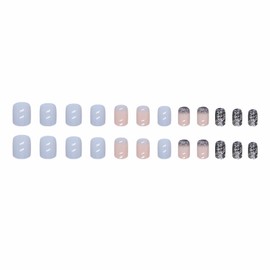 MERVF Square Press on Nails Short Fake Nails Light Blue Squoval Glue on Nails with Glitter Design Acrylic Nails Press ons 24pcs Glossy French False Nails