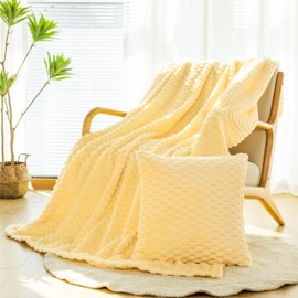 BNuitland Light Yellow Flannel throw blanket (50X71 inches) with Pillow Cover(18X18 inches), 300 GSM Cozy Warm Soft Fleece home decor Lightweight Bed Sofa Blanket for Adults, Suitable for All Seasons.