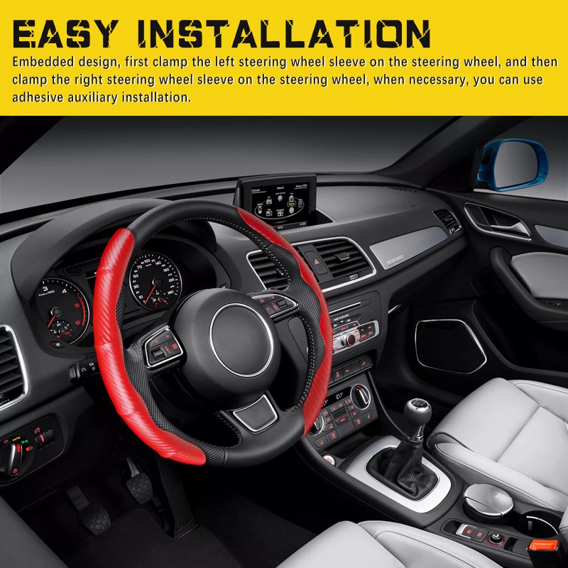 KEEPDSGN 15''Car Steering Wheel Cover Leather Non-Slip Carbon Fiber For