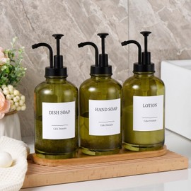 Glass Soap Dispenser with Upgrade Pump, Dish Soap Dispenser for Kitchen, Hand Soap Dispenser for Bathroom, Lotion Dispenser Set of 3 with 27 Labels Bamboo Tray Funnel 500ml 18oz Green