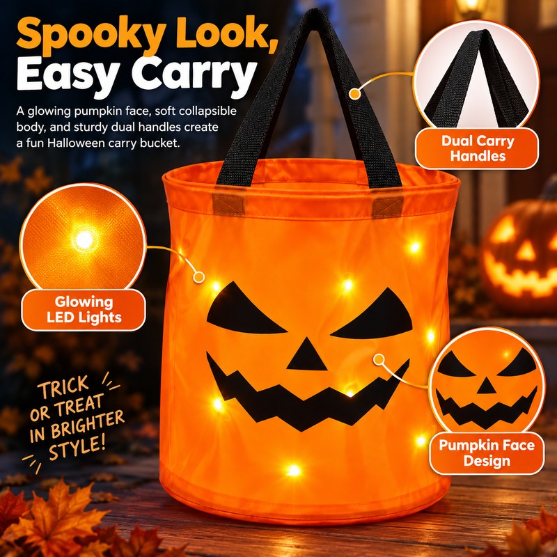 LED Halloween Trick-or-Treat Bucket for Candy – Collapsible Polyester Light-Up